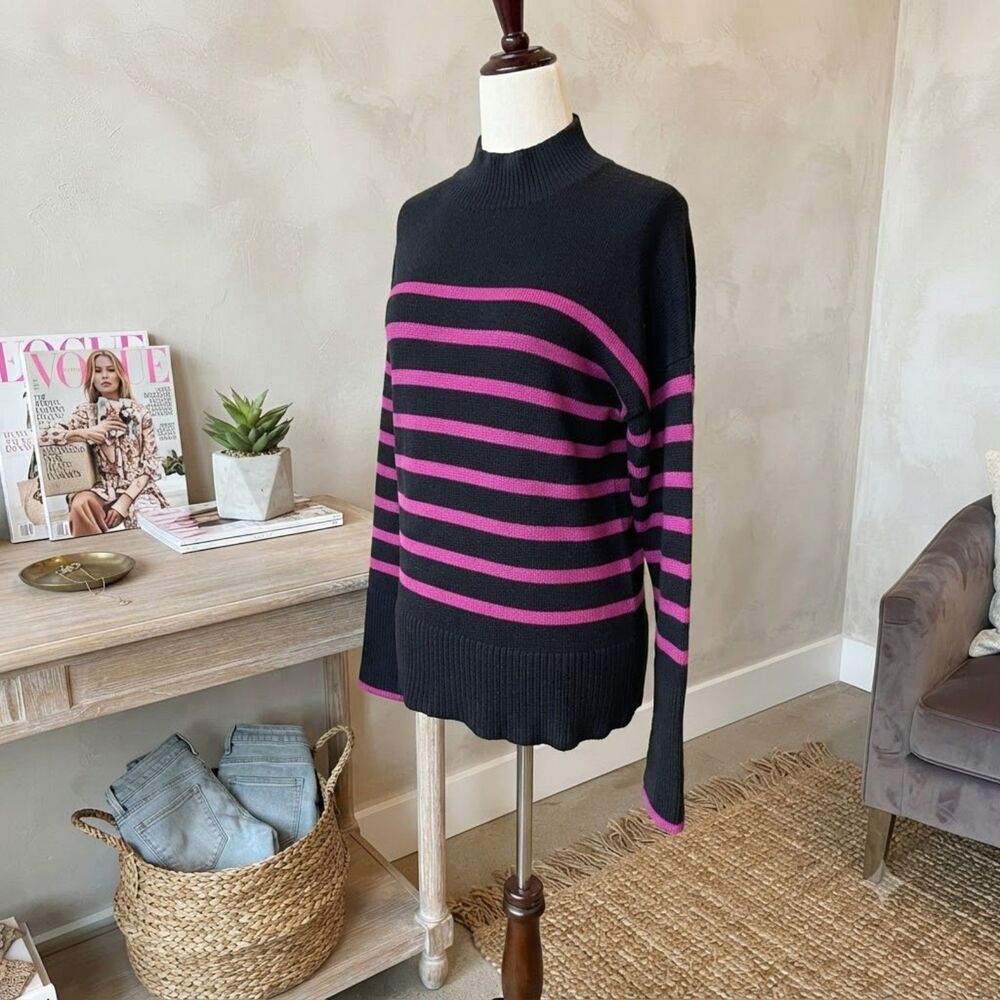 Vince Camuto Eyelash Knit Mock Neck Sweater Striped Black Pink Large Cozy